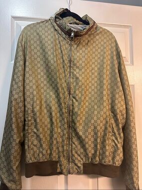 Gucci Beige Monogram Track Jacket with Green-Red Collar Trim